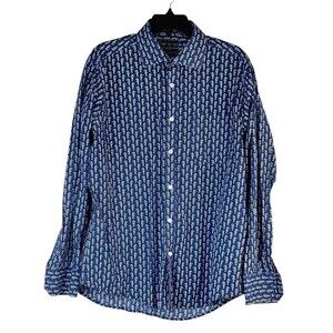 CHARLESTON THREADS Mens Button Up L/S Shirt Blue with White Sea Horse Size Large